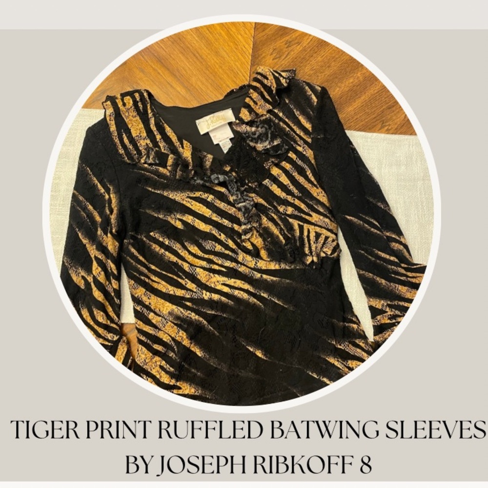 TIGER PRINT RUFFLED BATWING SLEEVES 
BY JOSEPH RIBKOFF 8